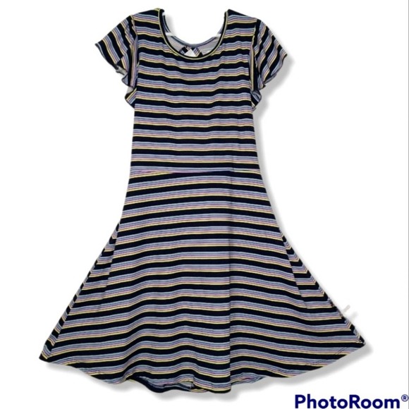 Speechless Girls Navy Striped Flutter Sleeve Skater Dress, Size 12 - Picture 2 of 8